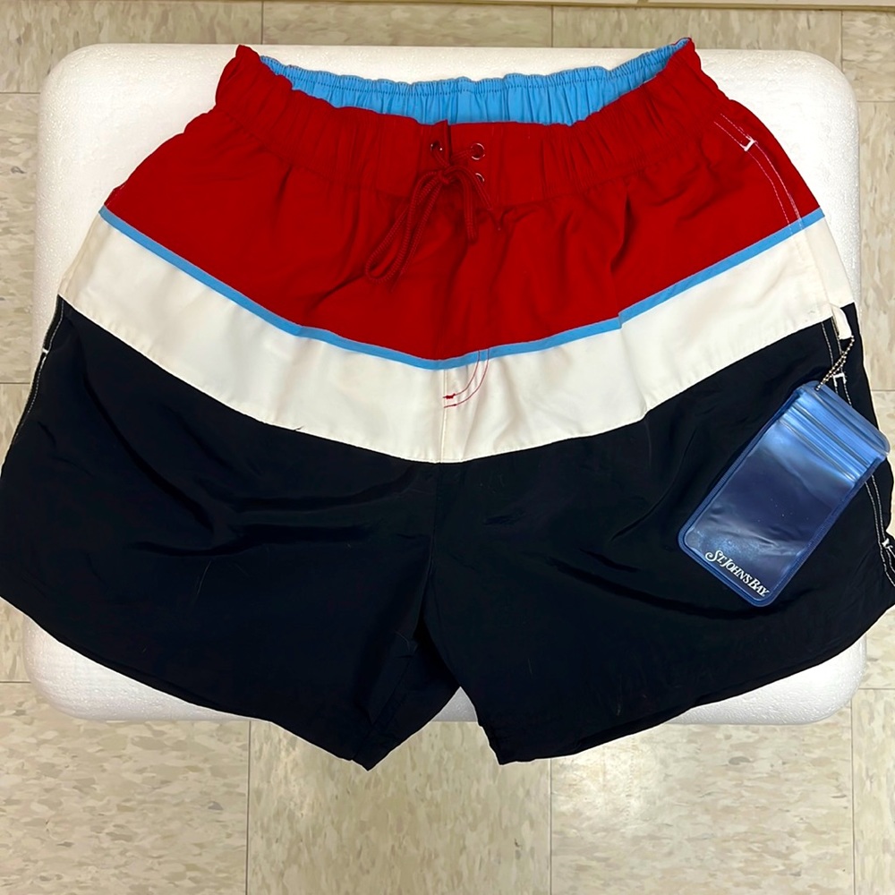 St Johns Bay patriotic Red white and blue swim trunks.